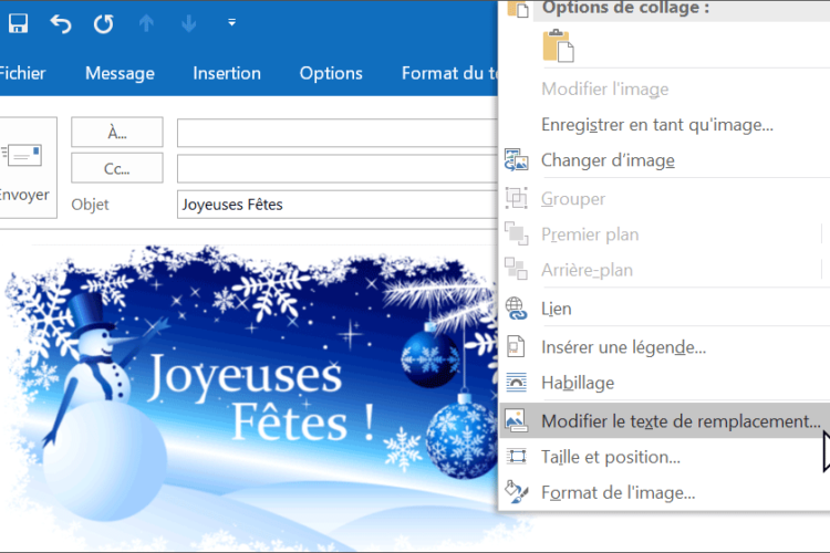 Capture d'écran du menu contextuel de l'image, avec le choix de l'option Modifier le texte de remplacement.