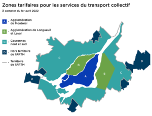 Zone A: Montréal Zone B: Laval et Longueuil Zone C: Couronnes nord et sud Zone D Hors territoire de l'ARTM